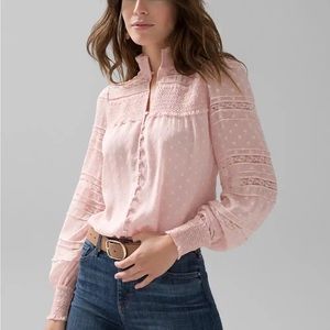 White House Black Market textured mixed lace blouse pale pink